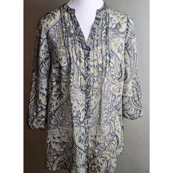 Liz Claiborne top women's petite medium PM yellow gray paisley 100% polyester - Picture 1 of 5